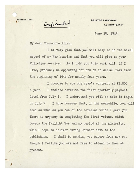 Winston Churchill Letter Signed, Marked ''Confidential'' by Him Regarding His WWII Memoir -- ''...this work will, if I live...be appearing off and on in serial form from the beginning of 1948...''